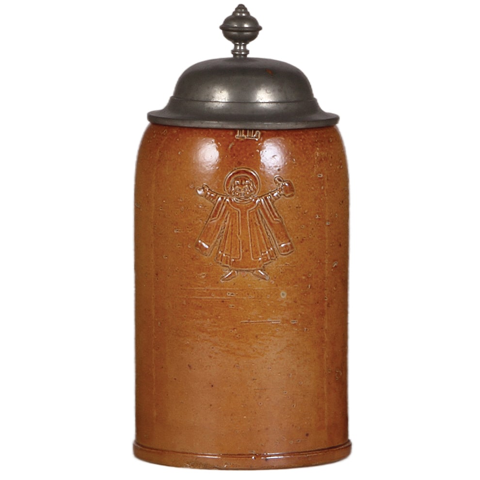 Stoneware stein, 1.0L, marked Doulton Lambeth : Stoneware stein, 1.0L, relief, marked Doulton Lambeth & Thierry Breul, Münchner Kindl, pewter lid, mint.
