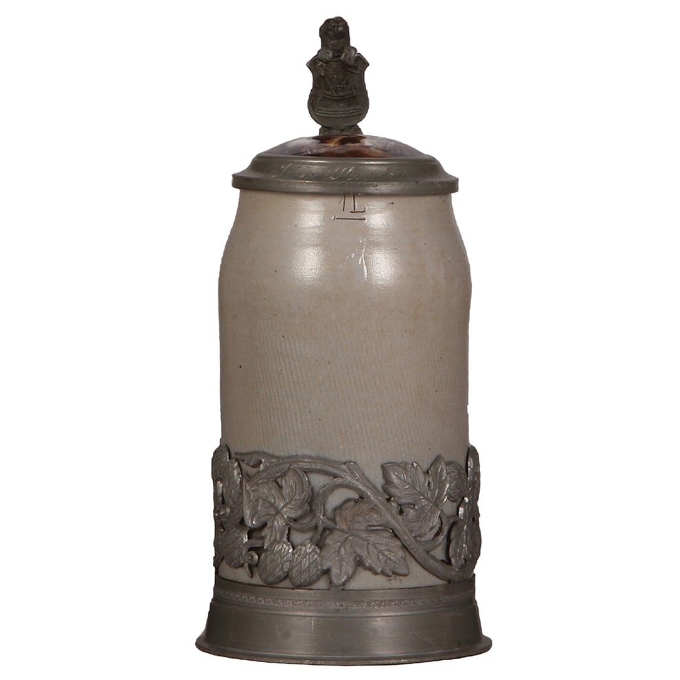 Stoneware stein, 1.0L, woman having coffee & smoking : Stoneware stein, 1.0L, combed body, elaborate pewter hops around body, porcelain inlaid lid of man & woman having coffee & smoking after sexy time, brewer thumblift, mint.