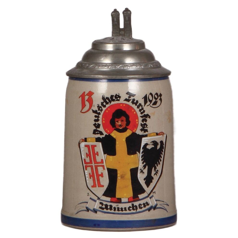 Stoneware stein, .5L, 13. Deutsches Turnfest München, 1923 : Stoneware stein, .5L, transfer & hand-painted, 13. Deutsches Turnfest München, 1923, pewter lid, mint.