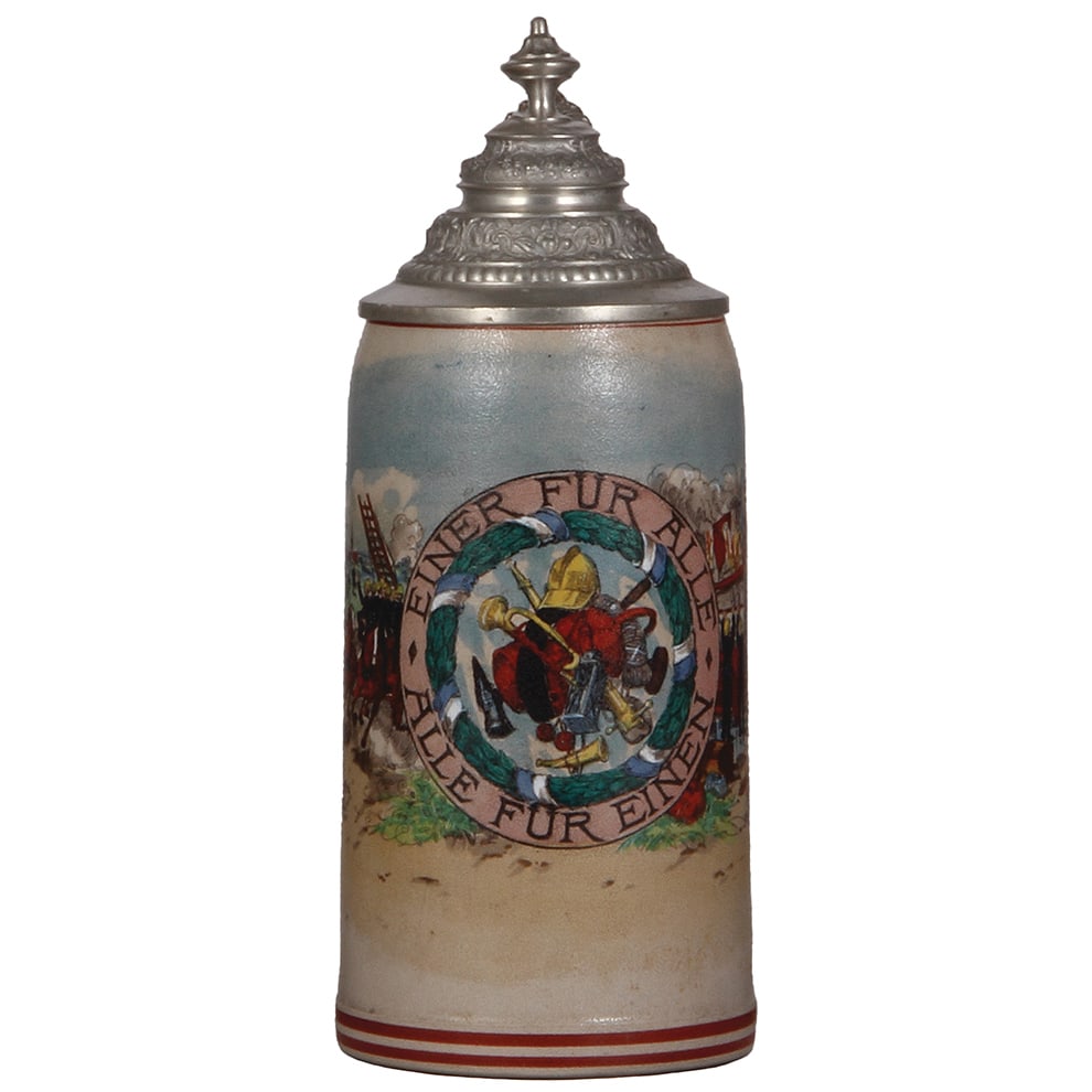 Stoneware stein, 1.0L, Einer für Alle, Alle für Einen, Feuerwehr : Stoneware stein, 1.0L, transfer & hand-painted, marked Marzi & Remy, Einer für Alle, Alle für Einen, Feuerwehr, pewter lid, mint.