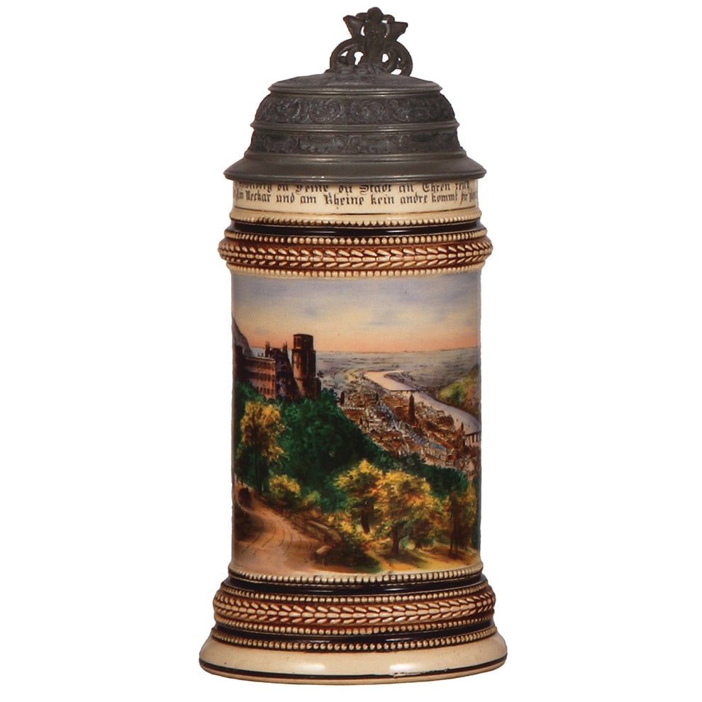 Pottery stein, .5L, Heidelberg : Pottery stein, .5L, transfer & hand-painted, marked M. & R. H., Heidelberg, relief pewter lid: Perkeo, very good quality, mint.