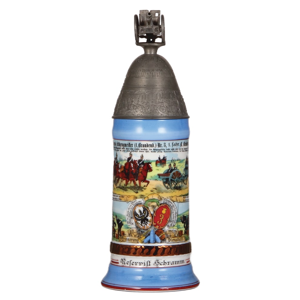 Regimental stein, .5L, Feld Artl. Regt. Nr. 3, Brandenburg : Regimental stein, .5L, 12.2" ht., porcelain, 1. fahr. Batt., Feld Artl. Regt. Nr. 3, Brandenburg, 1906 - 1908, four side scenes, roster, St. Barbara thumblift, named to: Reservist Schromm, mint.