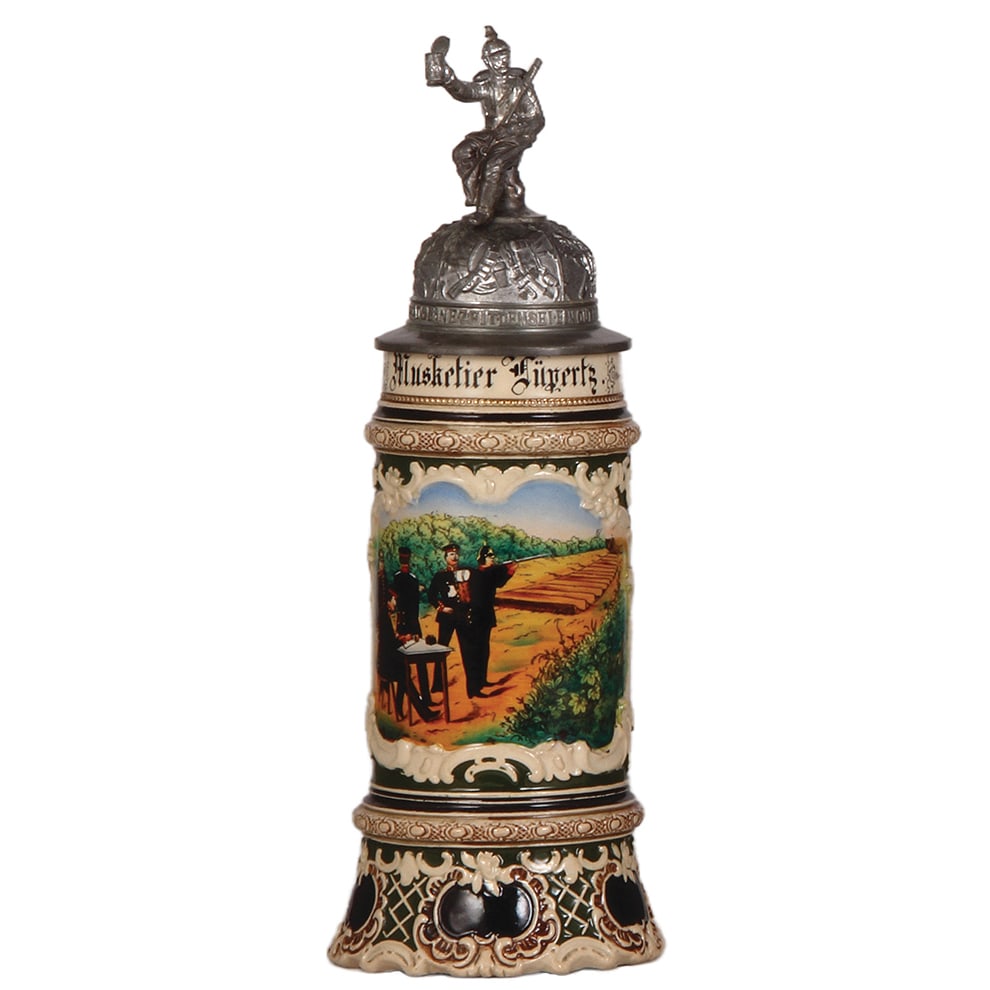Regimental stein, .5L, Inft. Regt. Nr. 132, Strassburg : Regimental stein, .5L, 12.4" ht., pottery, 5. Comp., Inft. Regt. Nr. 132, Strassburg i.E., 1903, 2. Schiesspreis, no side scenes, roster, eagle thumblift, named to: Musketier Füpertz, finial