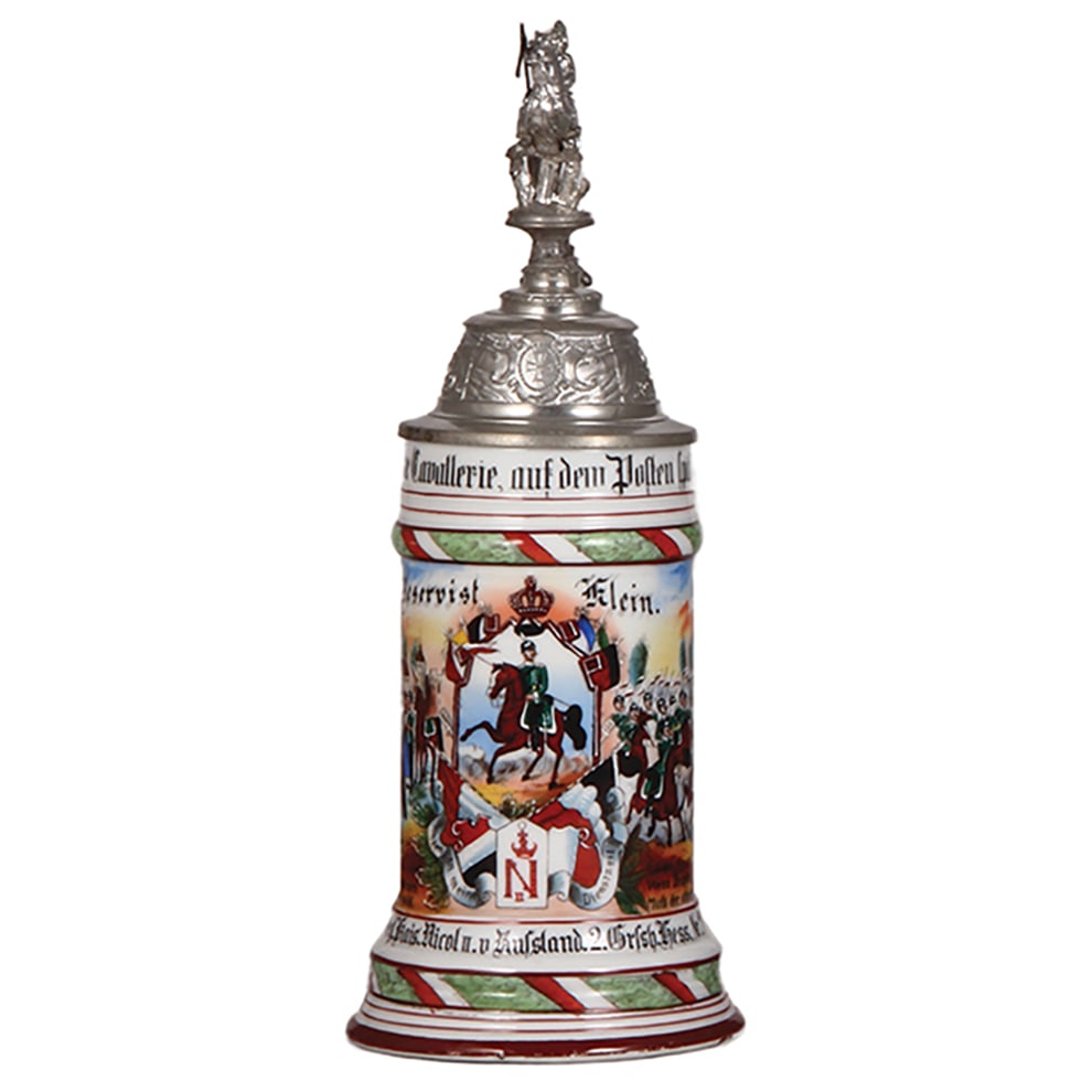 Regimental stein, .5L, Drag. Regt. Nr. 24, Darmstadt : Regimental stein, .5L, 11.6" ht., porcelain, 3. Esk., Drag. Regt. Nr. 24, Darmstadt, 1902 - 1905, two side scenes, roster, lion thumblift, named to: Reservist Klein, mint.