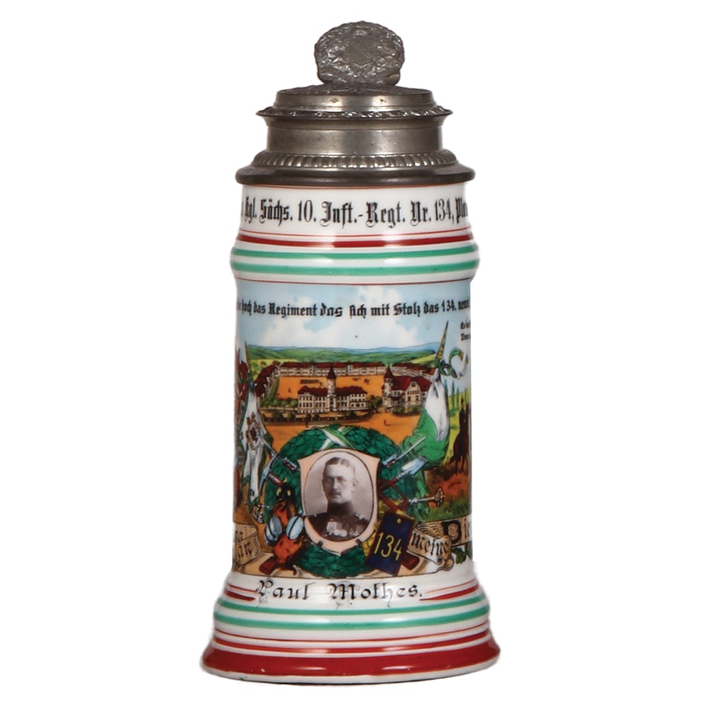 Regimental stein, .5L, Inft. Regt. Nr. 134, Plauen : Regimental stein, .5L, 9.3" ht., porcelain, 8. Comp. Inft. Regt. Nr. 134, Plauen i.V., 1905 - 1907, two side scenes, roster, Saxon thumblift, named to: Paul Mothes, faint lithophane lines, otherwise