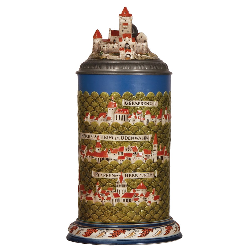 Mettlach stein, 3.8L, 2038, Rodenstein : Mettlach stein, 3.8L, 16.0" ht., 2038, decorated relief, Rodenstein, satellite view of castle inlaid lid, mint.
