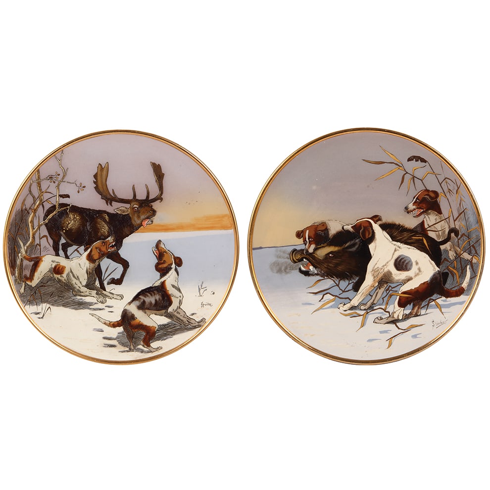 Mettlach plaques, 15.2" d., 2070 & 2071 : Mettlach plaques, 15.2" d., pair, 2070 & 2071, by Stöcke, mint.