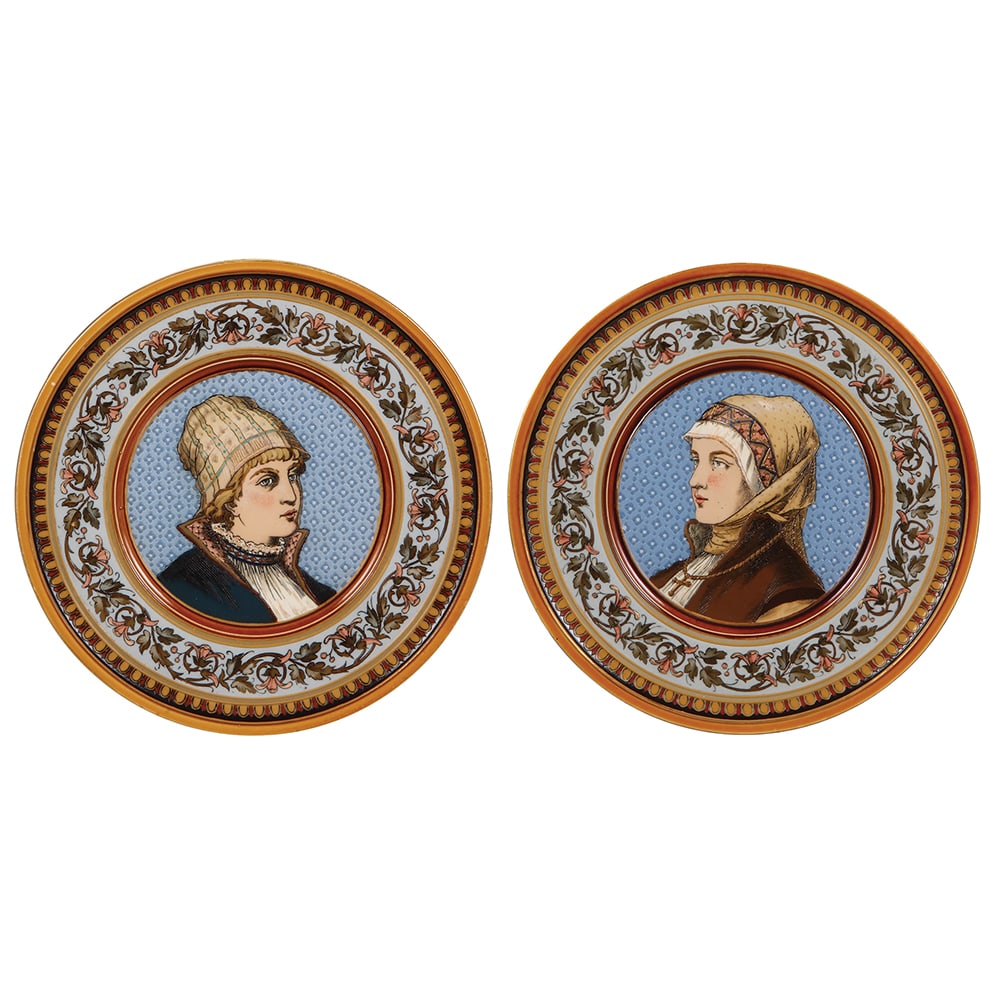 Mettlach plaques, 10.5" d., 1376 & 1405 : Mettlach plaques, 10.5" d., 1376 & 1405, etched, pair, women, mint.