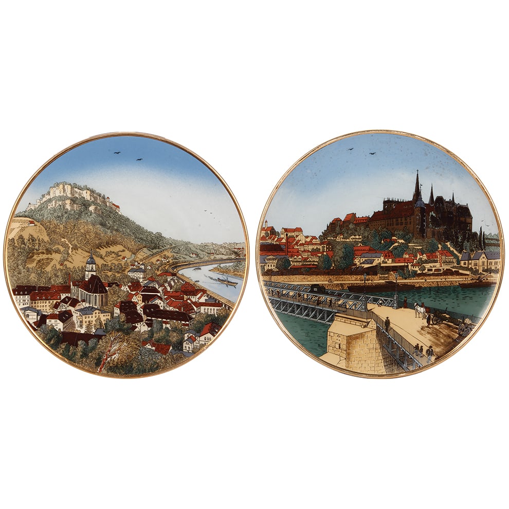Mettlach plaques, pair, 17.4"d., 2517 & 2518, Königstein & Meissen : Mettlach plaques, pair, 17.4"d., 2517 & 2518, etched, Königstein & Meissen, small factory flaws, a little gold wear.