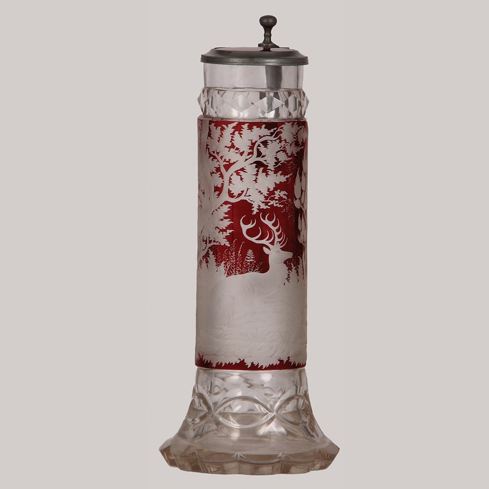 Glass stein, 11.4" ht., wheel-engraved, stag : Glass stein, 11.4" ht., blown, wheel-engraved, clear, ruby flashed, stag, ruby flashed inlaid glass lid, mint.