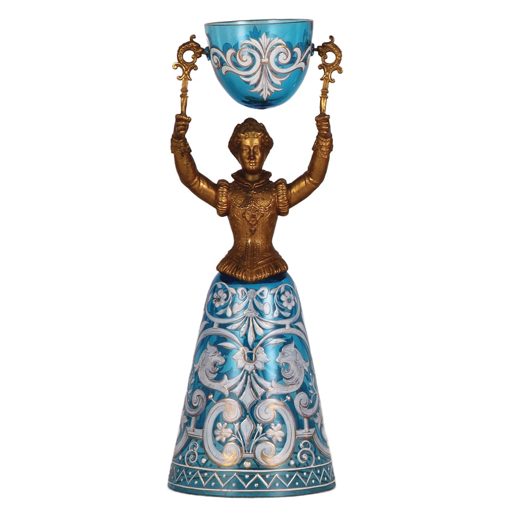 Glass wedding beaker, 10.6'' ht., blue glas : Glass wedding beaker, 10.6'' ht., blown, blue glass, white & gold enamel, gilded body, by F. Heckert, rare, mint.