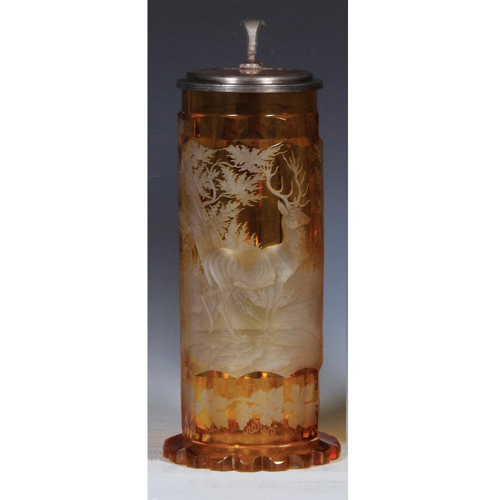 Glass stein, .75L, wheel-engraved, stag : Glass stein, .75L, 9.6" ht., blown, mid 1800s, amber on clear overlay, faceted, wheel-engraved, stag, very deep engraving, matching glass inlaid lid, excellent pewter repair, glass mint.