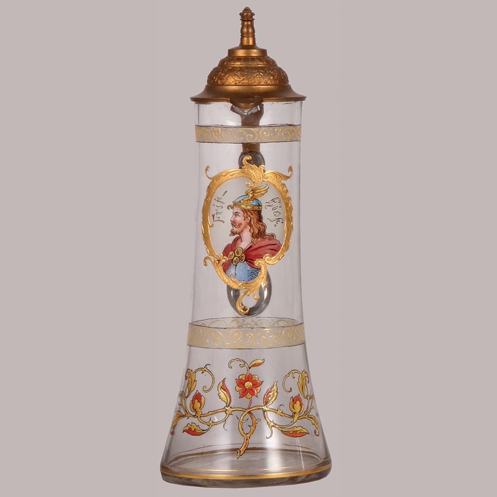 Glass Krug, 1.5L, 14.2" ht. by Friedrich van Hauten, Lohengrin : Glass Krug, 1.5L, 14.2" ht., blown, clear, hand-painted, by Friedrich van Hauten, Lohengrin, pewter lid has finial repaired with screw, body mint.