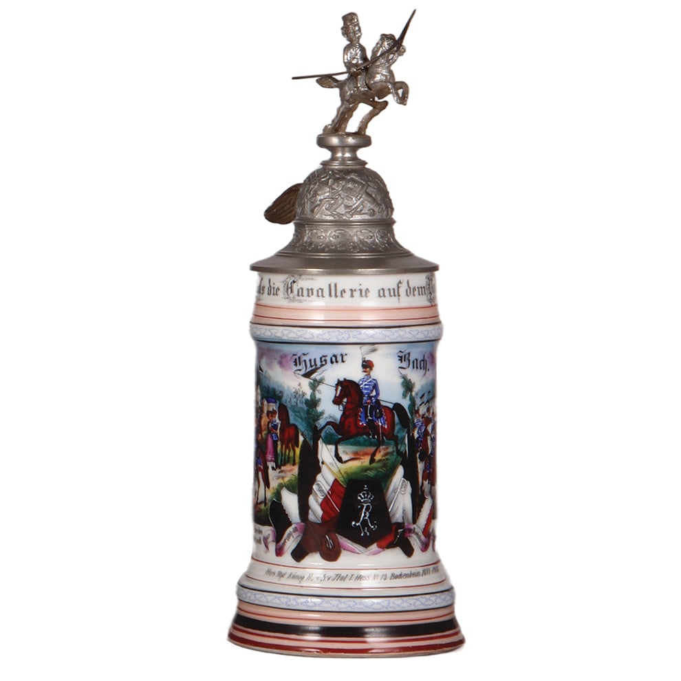 Regimental stein, .5L, Husaren Regt. Nr. 13, Bockenheim : Regimental stein, .5L, 11.6" ht., porcelain, 9. Esk., Husaren Regt. Nr. 13, Bockenheim, 1899 - 1902, two side scenes, roster, eagle thumblift, named to: Husar Bach, mint.