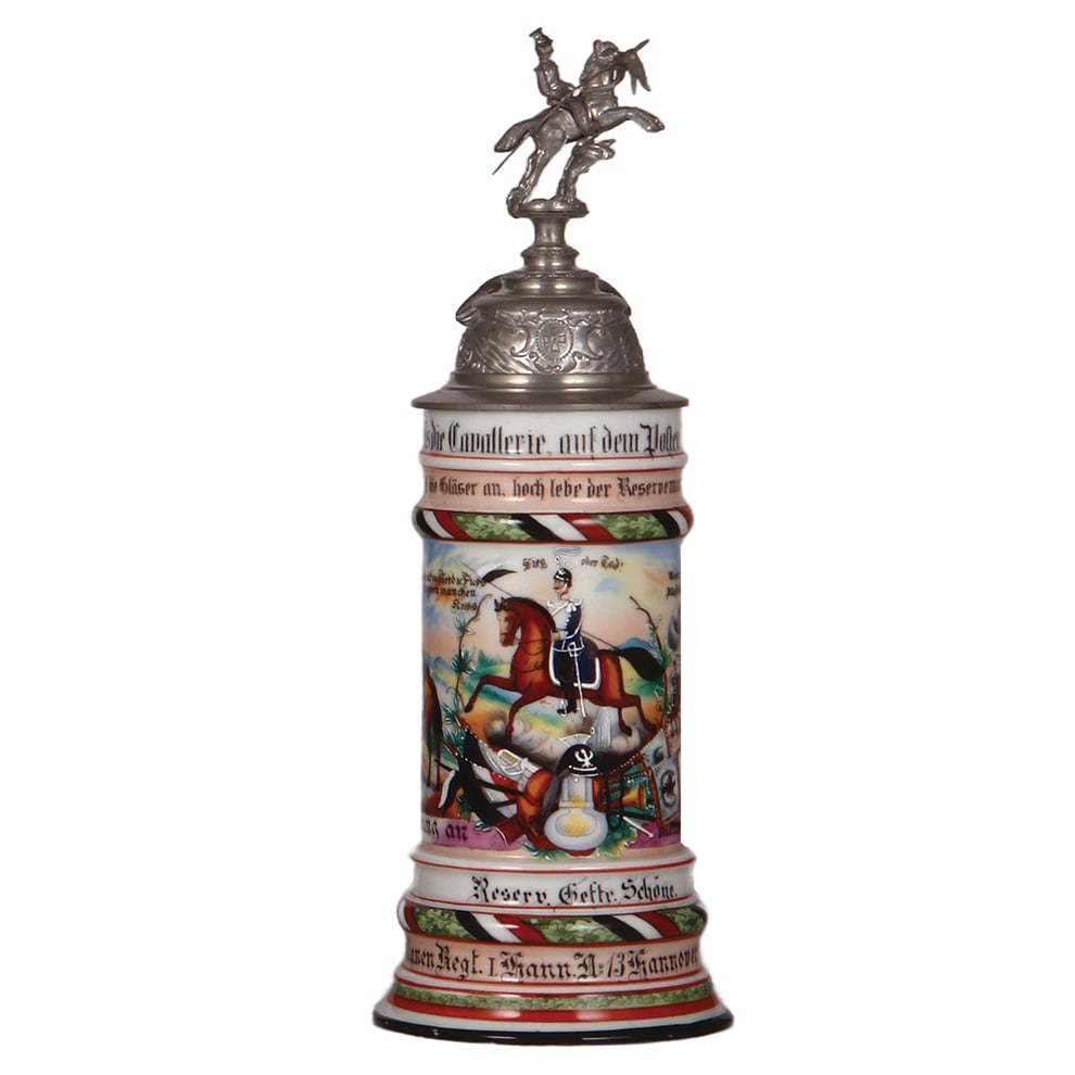 Regimental stein, .5L, Ulanen Regt. Nr. 13, Hannover : Regimental stein, .5L, 12.6" ht., porcelain, Ulanen Regt. Nr. 13, 5. Esk., Hannover, 1902 - 1905, two side scenes, roster, eagle thumblift, named to: Reserv. Geftr. Schöne, mint.