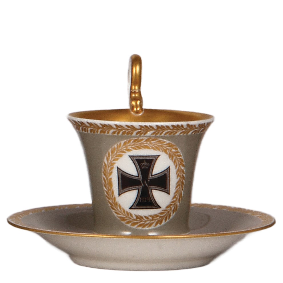 Porcelain cup & saucer, 4.6" ht., marked K.P.M., with Iron Cross : Porcelain cup & saucer, 4.6" ht., marked K.P.M., with Iron Cross, decoration: Iron Cross 1914, mint.