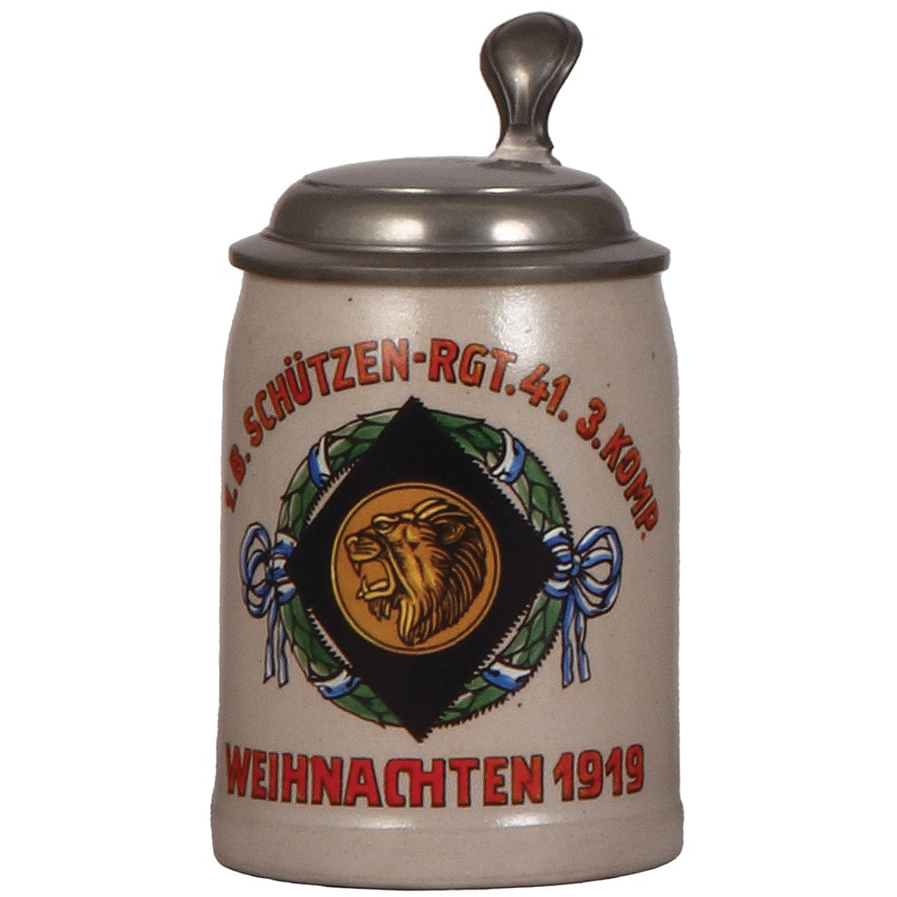 Military stein, .5L, Schützen - Regt. 41 : Military stein, .5L, stoneware, 1. B. Schützen - Regt. 41, 3. Komp. 1919, [Frei Korps], pewter lid with owner's name, mint.