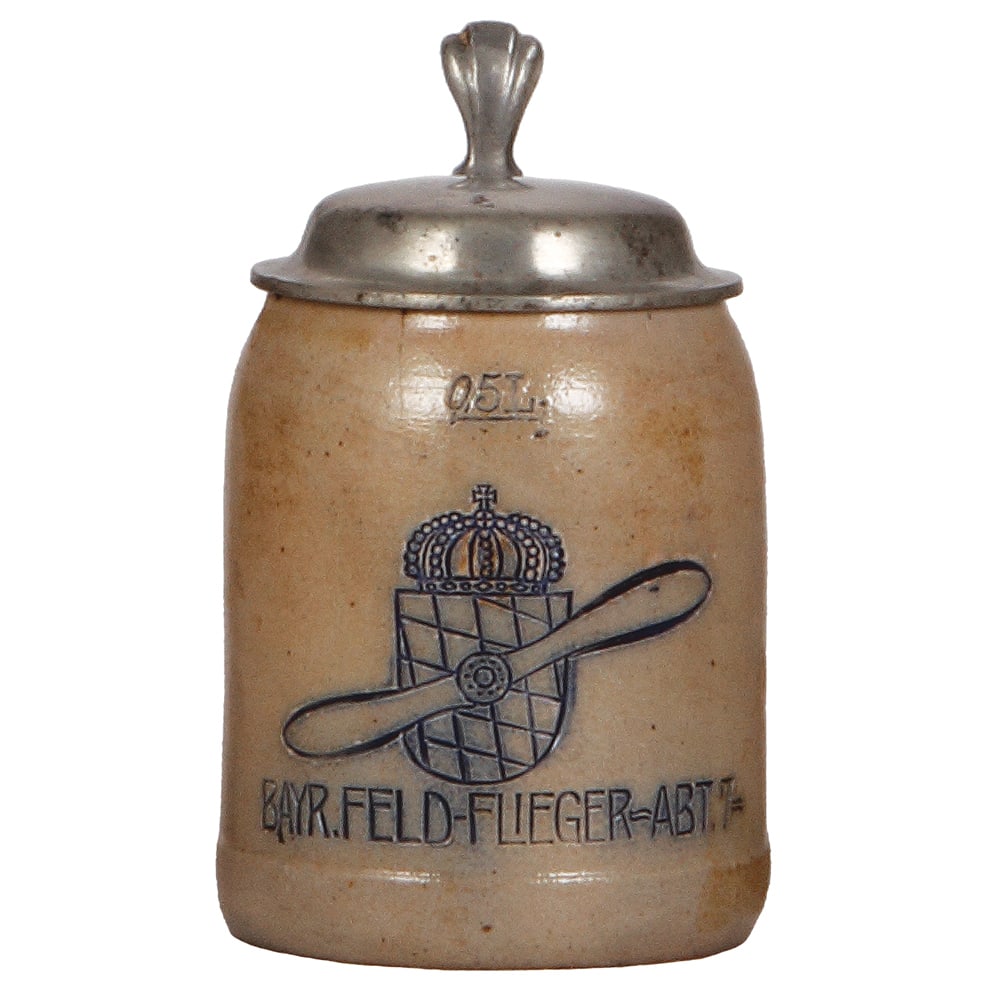 Military stein, .5L, Bayr. Feld Flieger Abt. 7 : Military stein, .5L, stoneware, Bayr. Feld Flieger Abt. 7, impressed, blue saltglaze, pewter lid, very good pewter strap repair, body has small rim chips and a short line.