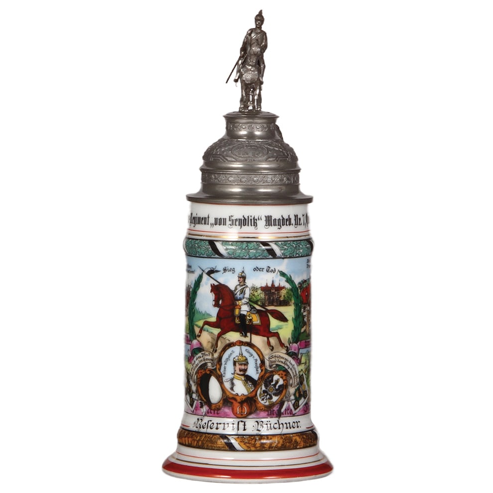 Regimental stein, .5L, Kürassier Regt. Nr. 7, Quedlinburg : Regimental stein, .5L, 13.2" ht., porcelain, 1. Esk., Kürassier Regt. Nr. 7, Quedlinburg, 1909 - 1912, two side scenes, roster, eagle thumblift, named to: Reservist Büchner, rare, mint.
