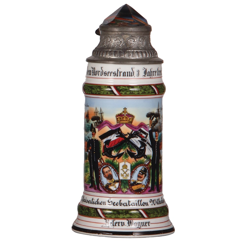 Regimental stein, .5L, 2. Kaiserlichen Seebataillon, Wilhelmshaven : Regimental stein, .5L, 10.1" ht., porcelain, 2. Komp., 2. Kaiserlichen Seebataillon, Wilhelmshaven, 1910 - 1913, four side scenes, roster, eagle finial, prism lid, named to: Reserv. Wagner, roster par