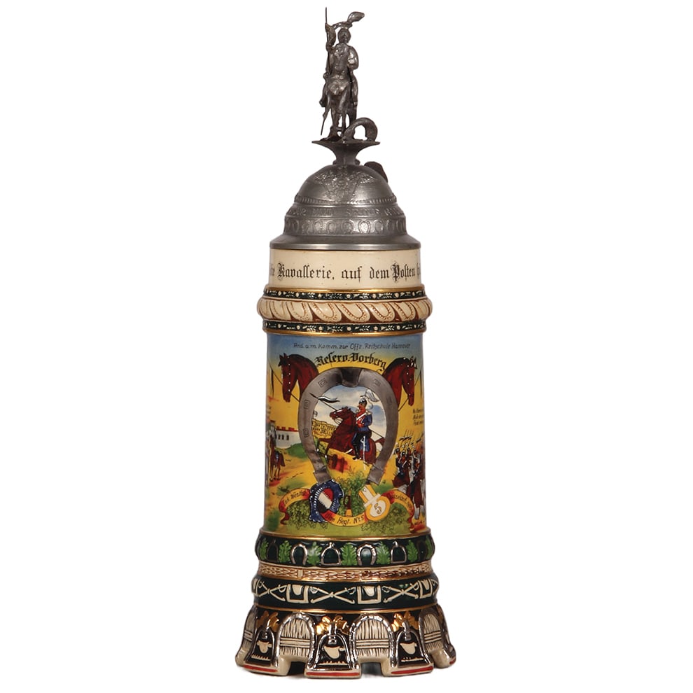 Regimental stein, .5L, Ulanen Regt. Nr. 5, Düsseldorf : Regimental stein, 1.0L, 14.5" ht., pottery, 3. Esk., Ulanen Regt. Nr. 5, Düsseldorf, 1909 - 1912, And. a. m. Komm. zur Offz. Reitschule Hannover, two side scenes, roster, eagle thumblift, named to: R