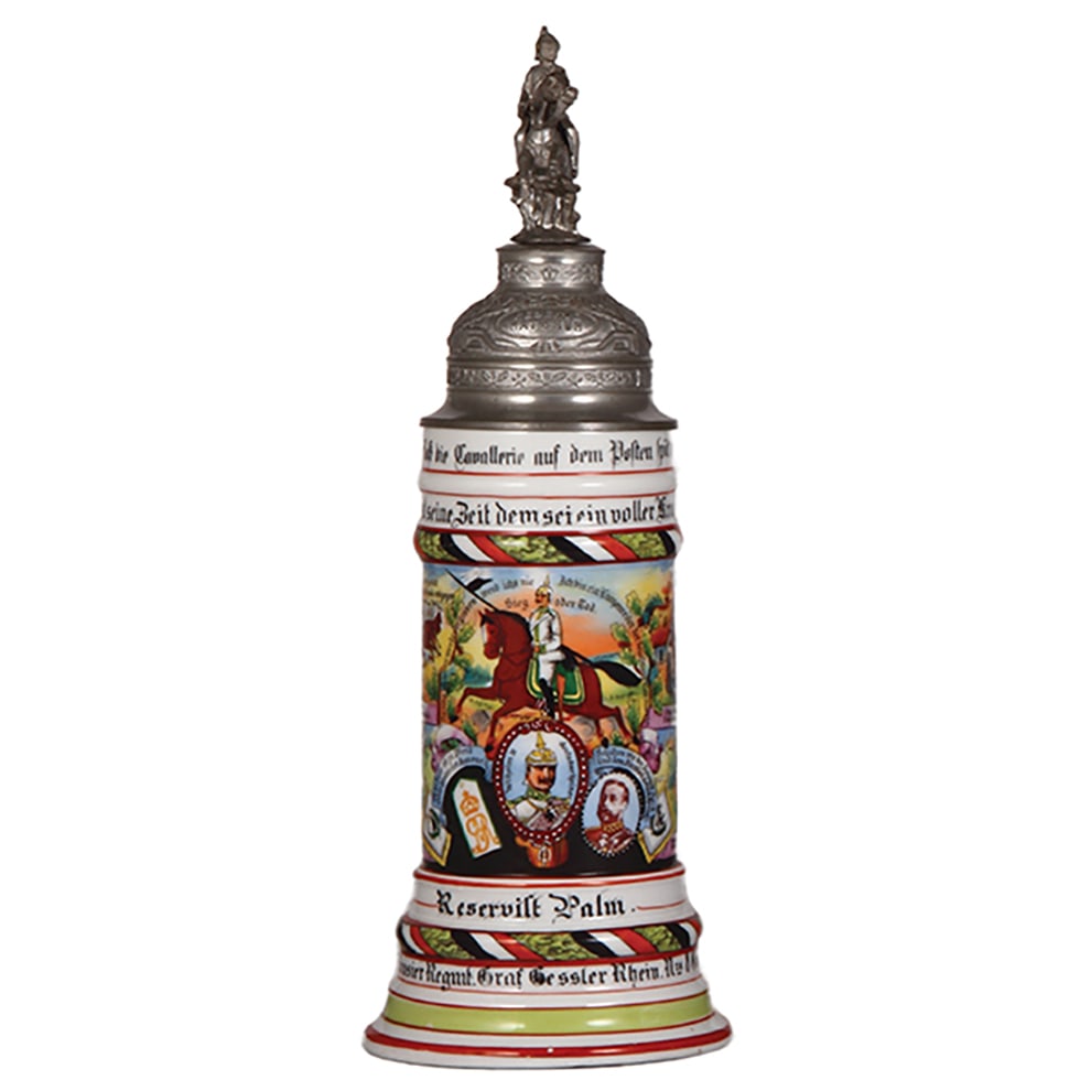 Regimental stein, .5L, Kürassier Regt. Nr. 8, Cöln : Regimental stein, .5L, 13.3" ht., porcelain, 2. Esk., Kürassier Regt. Nr. 8, Cöln, 1910 - 1913, four side scenes, roster, eagle thumblift, named to: Reservist Palm, mint.