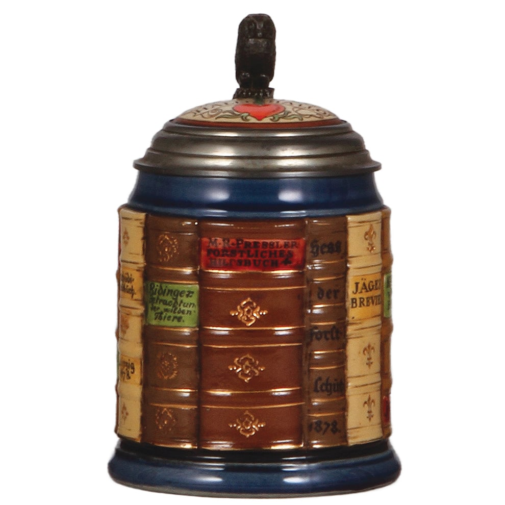 Mettlach stein, .5L, 2001H, Forestry Book Stein : Mettlach stein, .5L, 2001H, decorated relief, Forestry Book Stein, inlaid lid, mint.