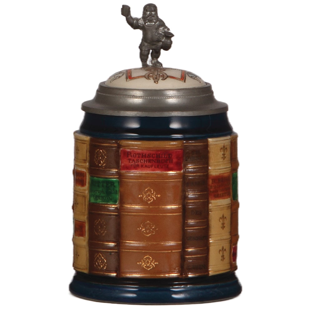 Mettlach stein, .5L, 2001K, Banking Book Stein : Mettlach stein, .5L, 2001K, decorated relief, Banking Book Stein, inlaid lid, original thumblift, mint.