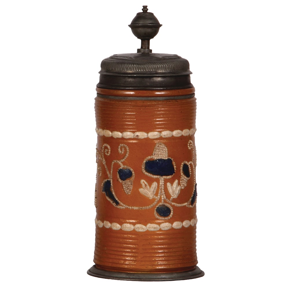 Altenburger Walzenkrug, 9.2'' ht., early 1700s : Altenburger Walzenkrug, 9.2'' ht., early 1700s, saltglazed, applied relief, blue & white on orange body, pewter lid, footring, pewter touch marks, lid date 1725, good pewter repair, a few small