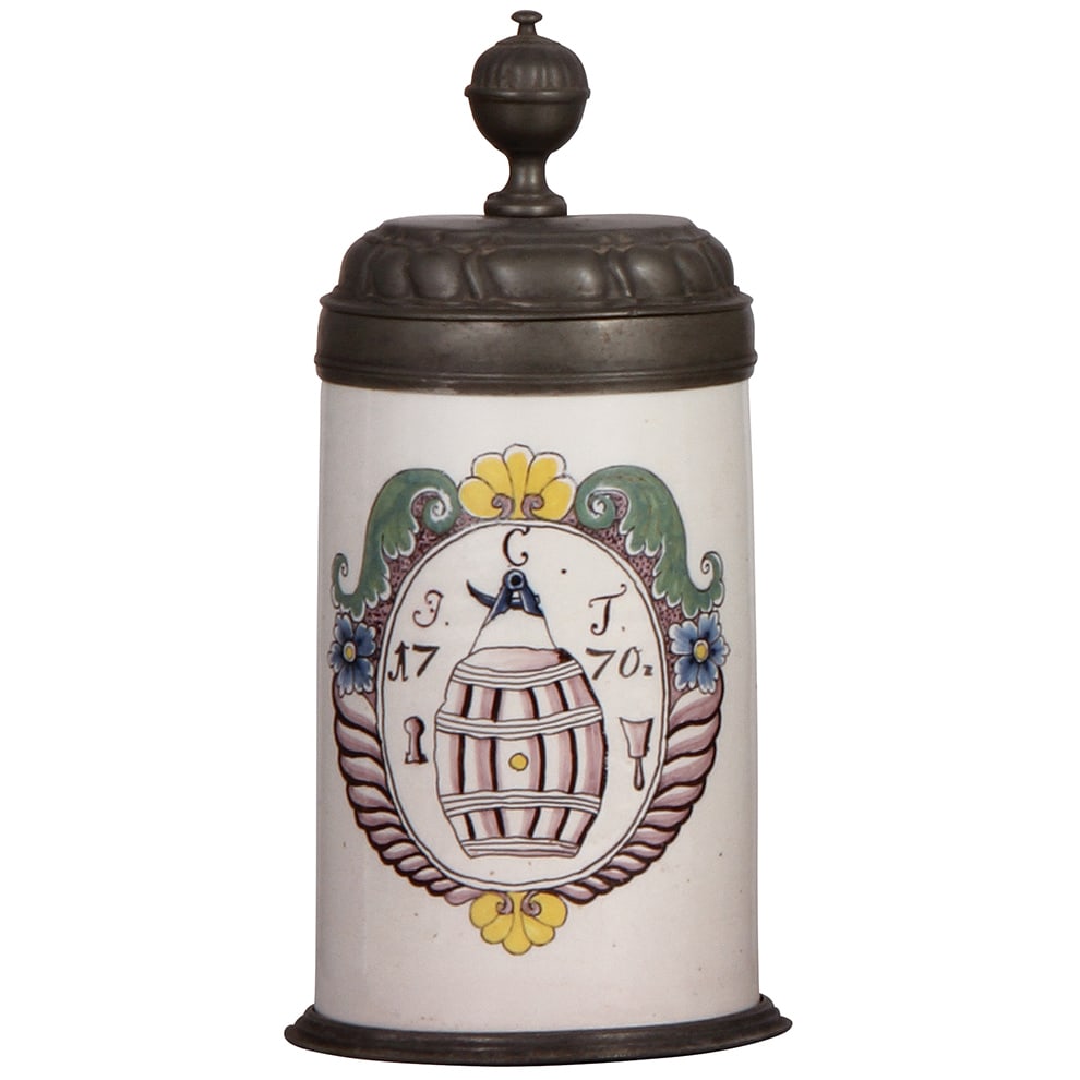 Faience stein, 9.5" ht., dated 1770, Bayreuther Walzenkrug : Faience stein, 9.5" ht., dated 1770 on body, Bayreuther Walzenkrug, Occupational Barrel Maker, pewter lid & footring, excellent repair of a tight hairline.