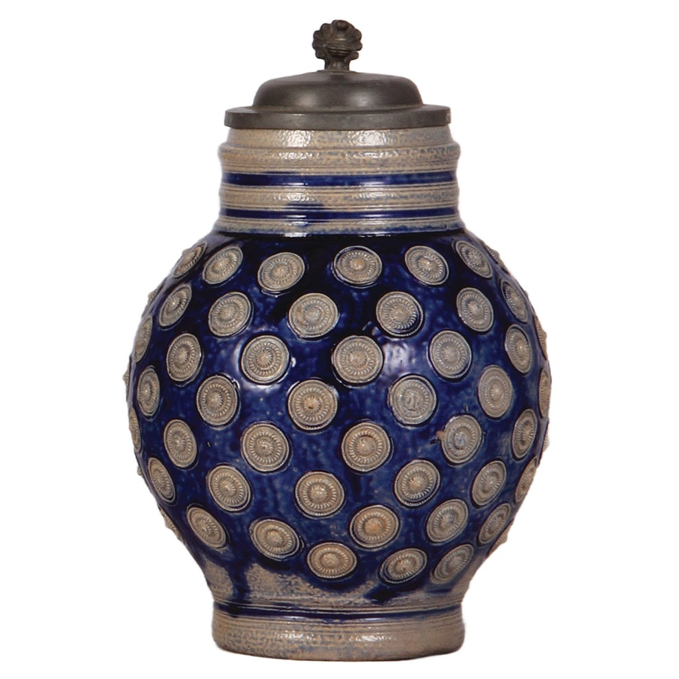 Westerwälder Melonenkrug, 9.6" ht., 1700s : Westerwälder Melonenkrug, 9.6" ht., 1700s, stoneware, pewter lid, relief medallions, blue saltglaze, pewter lid, very good condition.