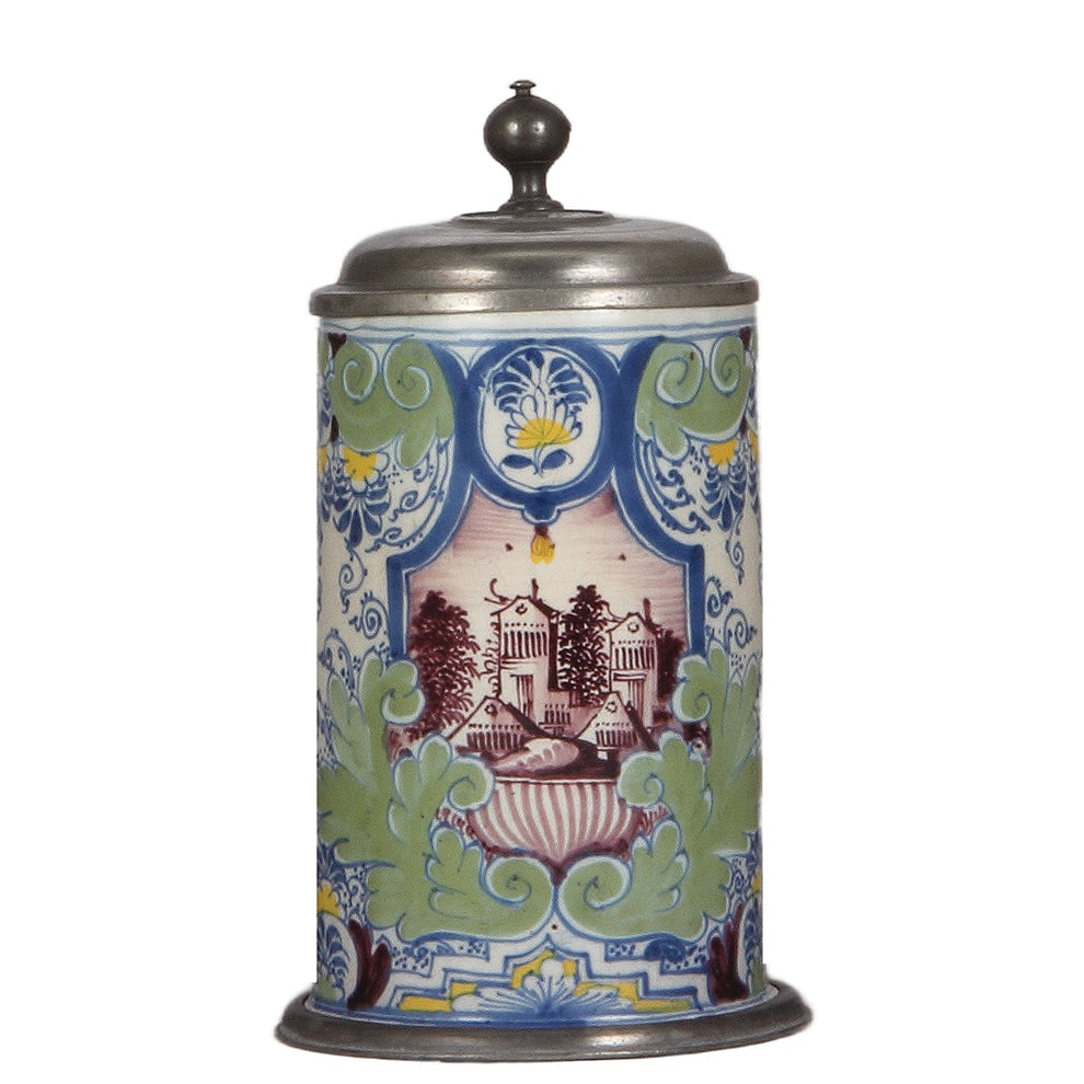 Faience stein, 8.6" ht., mid 1700s, Nürnberger Walzenkrug : Faience stein, 8.6" ht., mid 1700s, Nürnberger Walzenkrug, signed Kordenbusch, pewter lid & footring, small glaze chip inside upper rim.