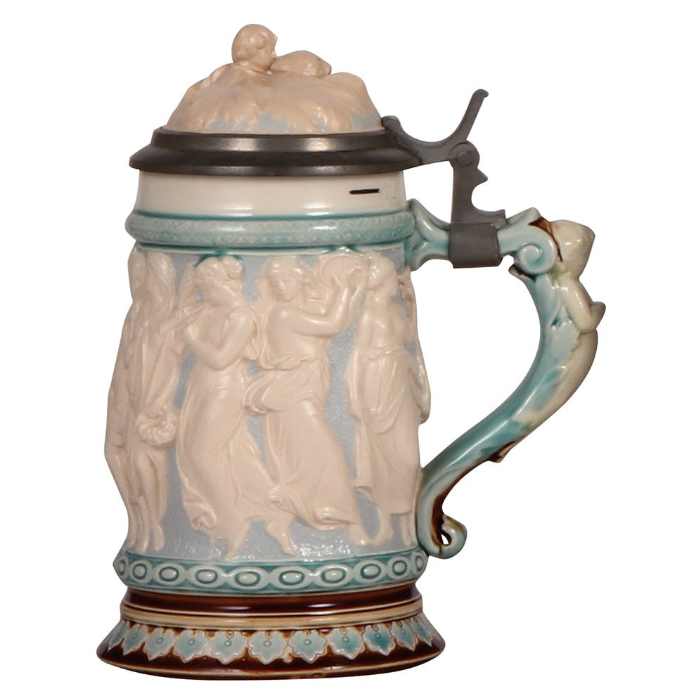Mettlach stein, .5L, 2440 : Mettlach stein, .5L, 2440, relief, Grecian scene, inlaid lid, mint.