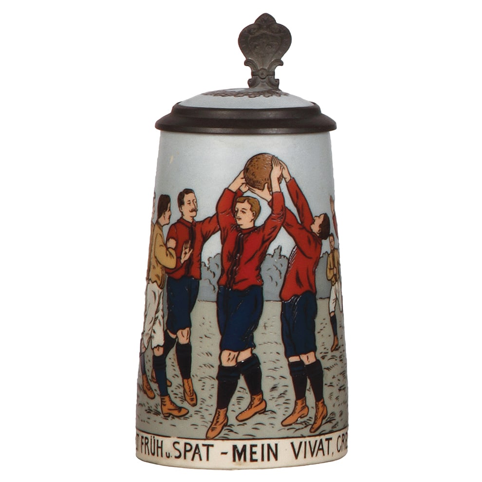 Mettlach stein, .4L, 3351, rugby game : Mettlach stein, .4L, 3351, etched, rugby game, inlaid lid, mint.