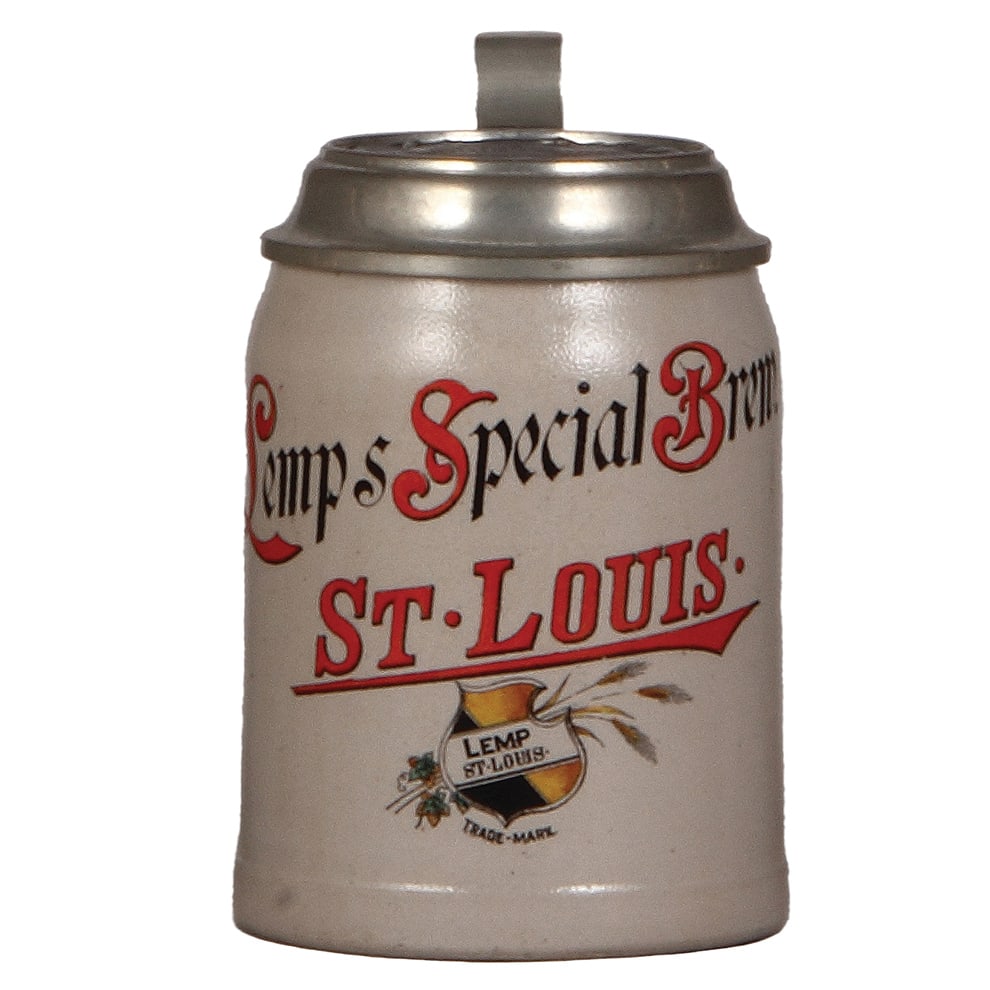 Pre-prohibition brewery stein, .5L, Lemps Special Brew. St. Louis : Pre-prohibition brewery stein, stoneware, .5L, transfer & hand-painted, Lemps Special Brew. St. Louis, pewter lid with Lemp St. Louis, mint.