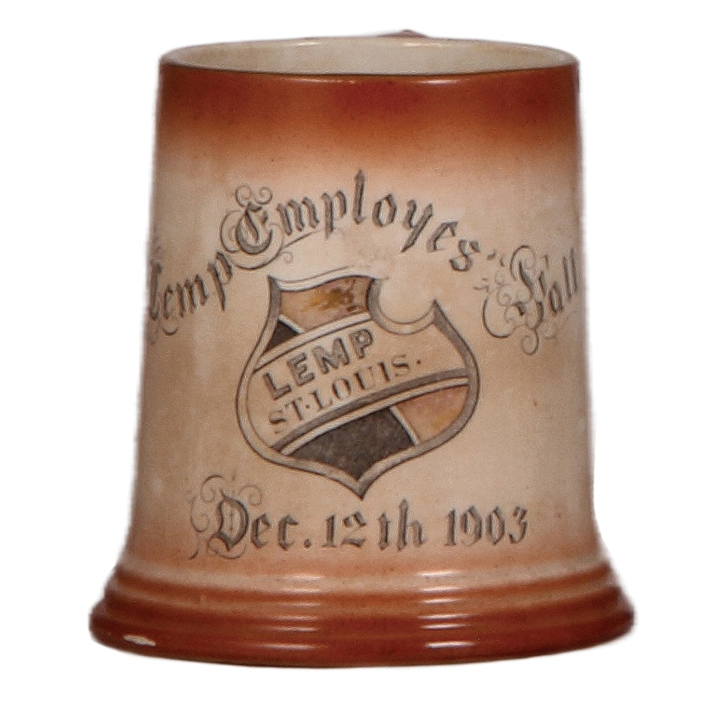 Pre-prohibition brewery mug, .5L, Lemp Employe' Ball, Lemp St. Louis : Pre-prohibition brewery mug, pottery, .5L, transfer & hand-painted, Lemp Employe' Ball, Lemp St. Louis, December 12th 1903, browning from use, otherwise mint.