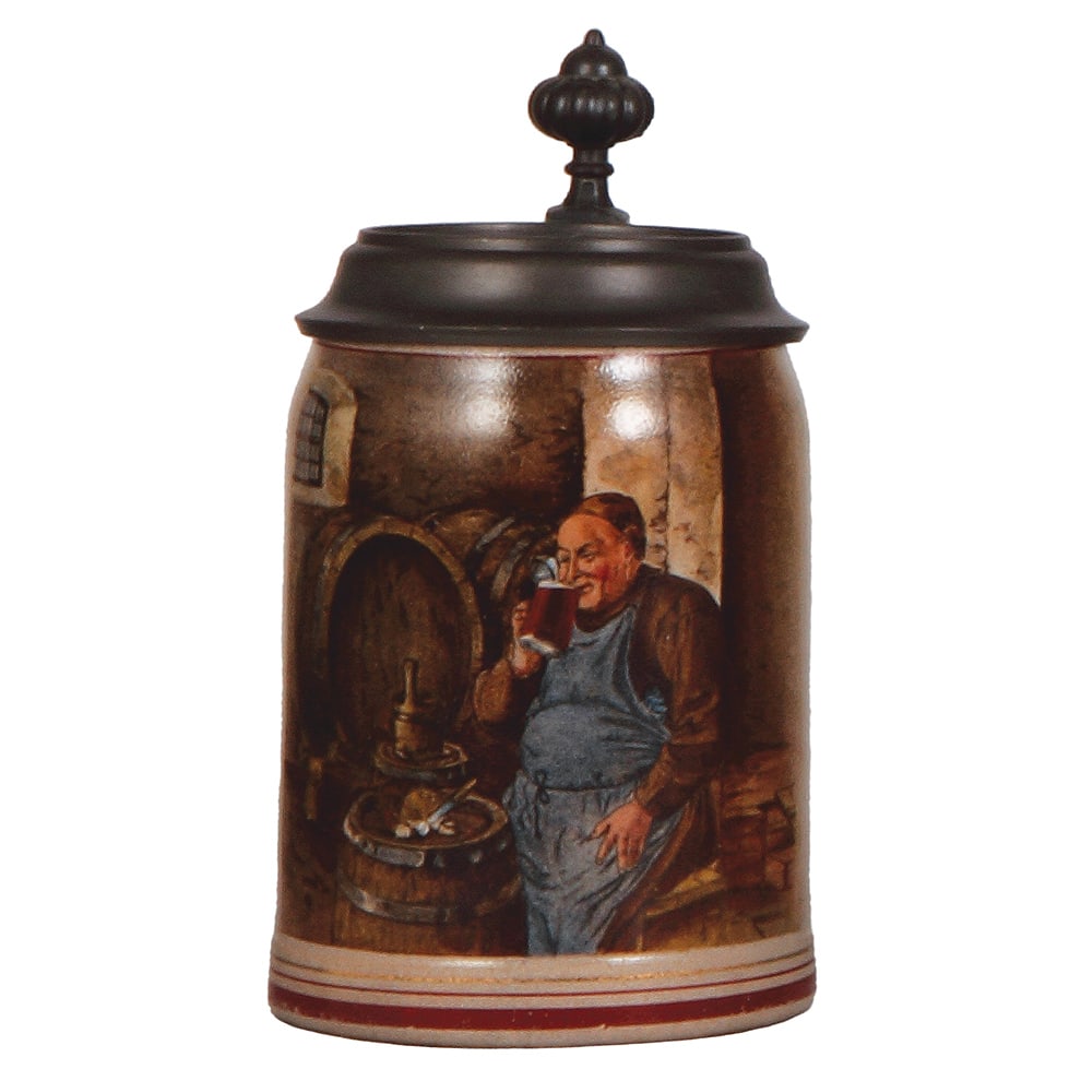 Brewery stein, .5L, Brauerei Simmerberg : Brewery stein, stoneware, .5L, transfer & hand-painted, monk eating & drinking on barrel, relief pewter lid: Brauerei Simmerberg, rare, mint.