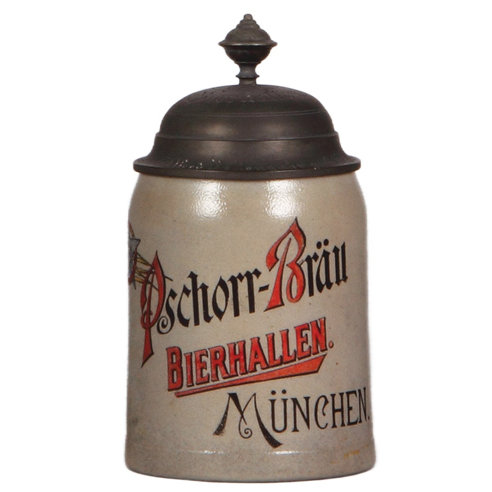 Brewery stein, .5L, Pschorr-Bräu Bierhallen München : Brewery stein, stoneware, .5L, transfer & hand-painted, marked L. Mory München, Pschorr-Bräu Bierhallen München, incised pewter lid, a little wear, otherwise mint.