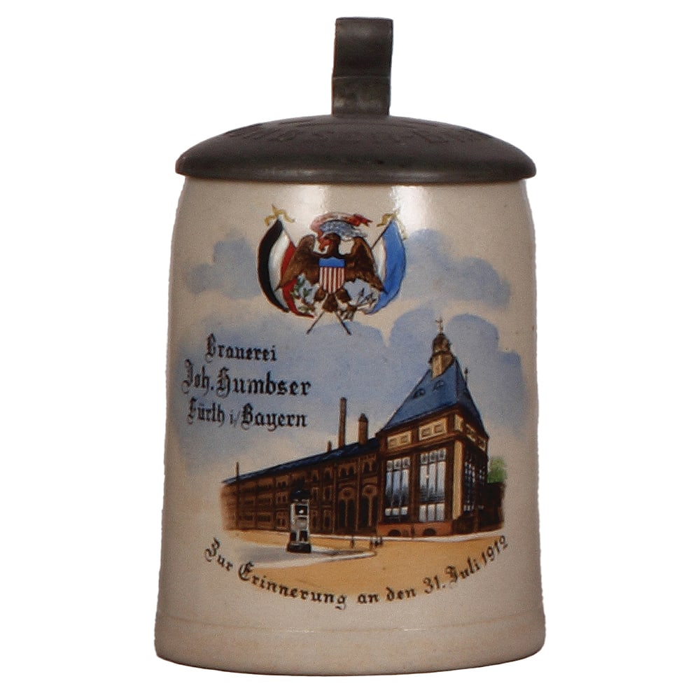 Brewery stein, .5L, Brauerei Joh. Humbser Fürth i/Bayern : Brewery stein, stoneware, .5L, transfer & hand-painted, Brauerei Joh. Humbser Fürth i/Bayern, Erinnerung 31. Juli 1912, relief pewter lid, faint hairline on side.