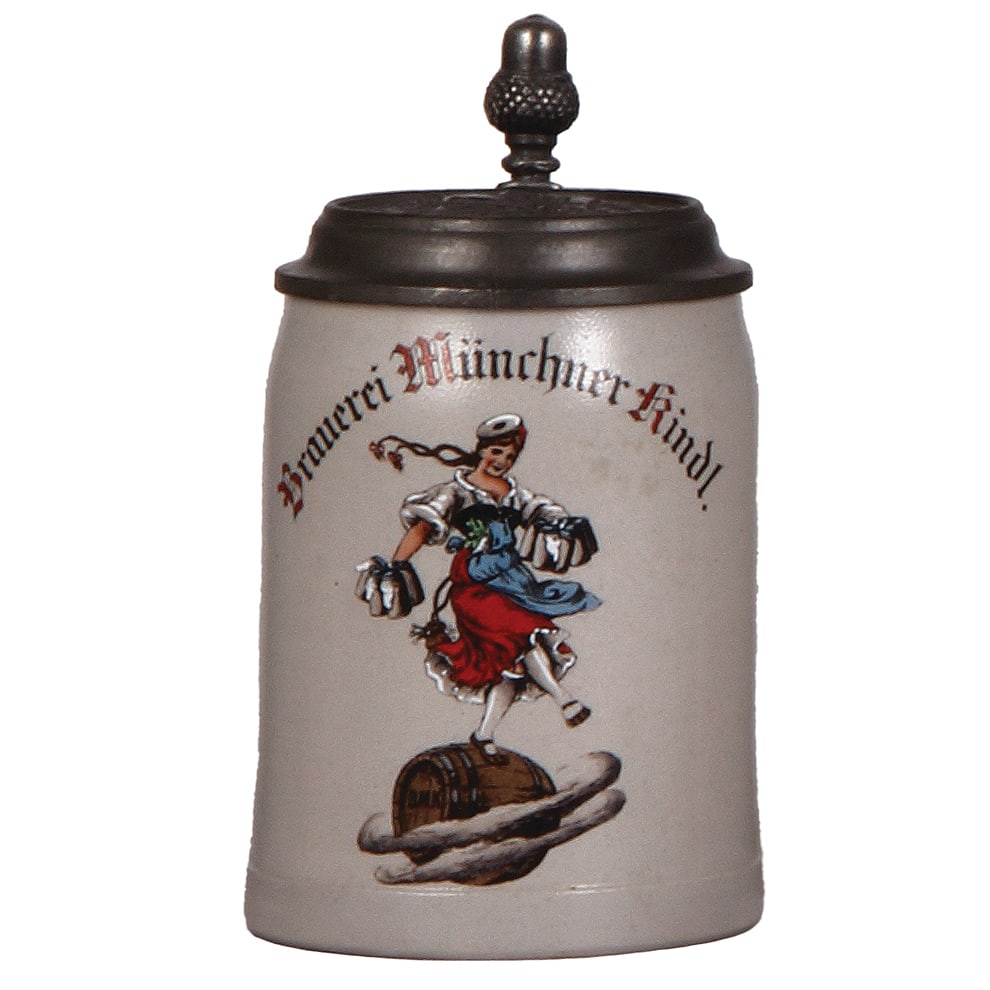 Brewery stein, .5L, Brauerei zum Münchner Kindl : Brewery stein, stoneware, .5L, transfer & hand-painted, marked Merkelbach & Wick, Brauerei zum Münchner Kindl, relief pewter lid, mint.