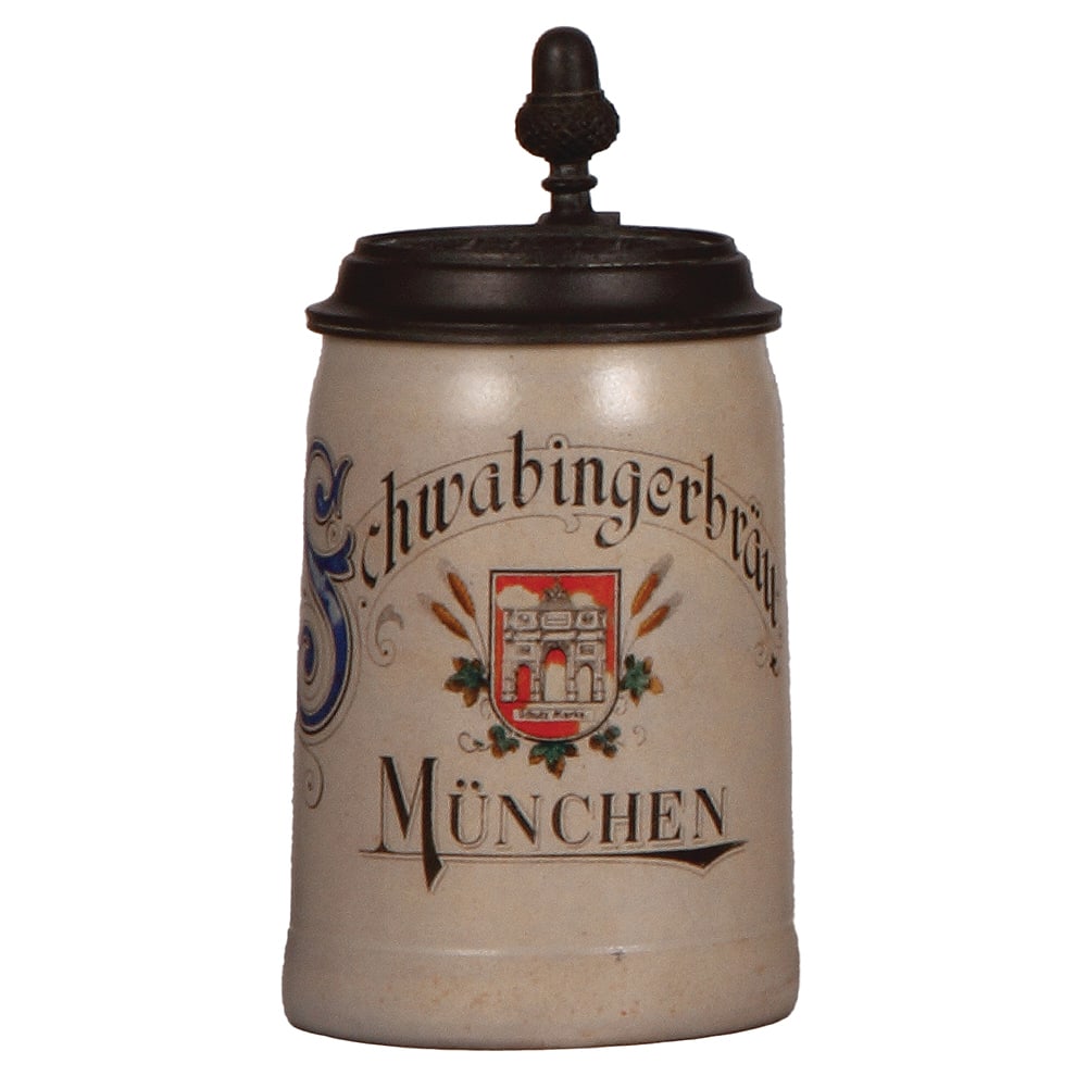 Brewery stein, .5L, Schwabingerbräu München : Brewery stein, stoneware, .4L, transfer & hand-painted, Schwabingerbräu München, relief pewter lid, a little wear, otherwise mint.