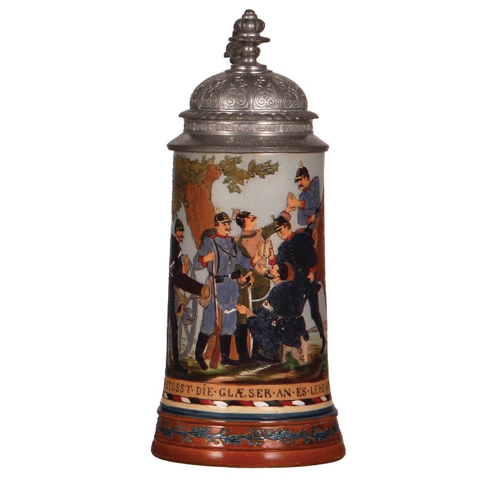 Pottery stein, .5L, by Hauber & Reuther, soldiers : Pottery stein, .5L, etched, marked H.R., by Hauber & Reuther, 442, soldiers, pewter lid, mint.