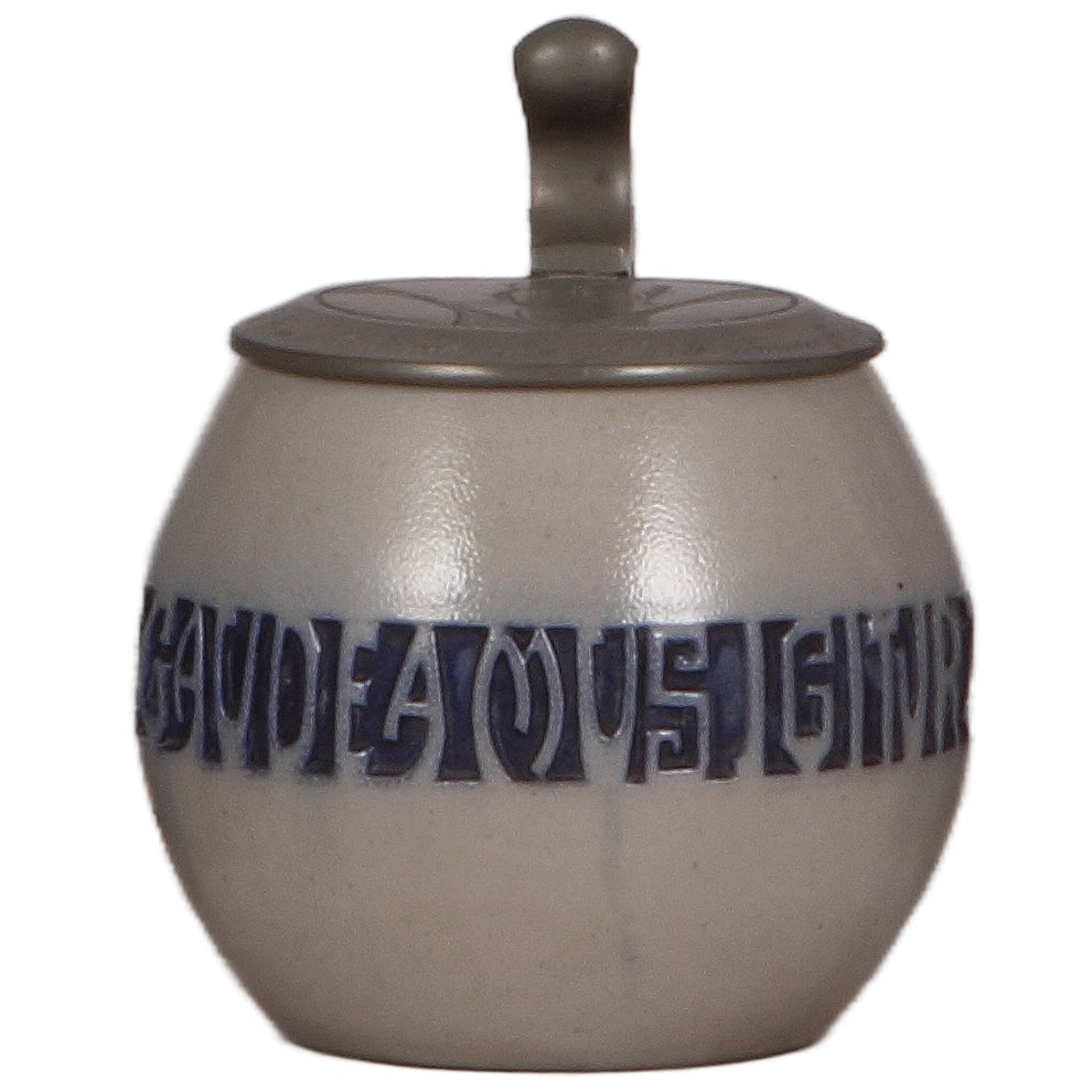 Stoneware stein, .5L, by Herta Kasten, Gaudeamus Igitus : Stoneware stein, .5L, decorated relief, by Reinhold Merkelbach, design by Herta Kasten, Gaudeamus Igitus, pewter lid, student inscription with duel marks on edge, pewter tear, otherwise mint.