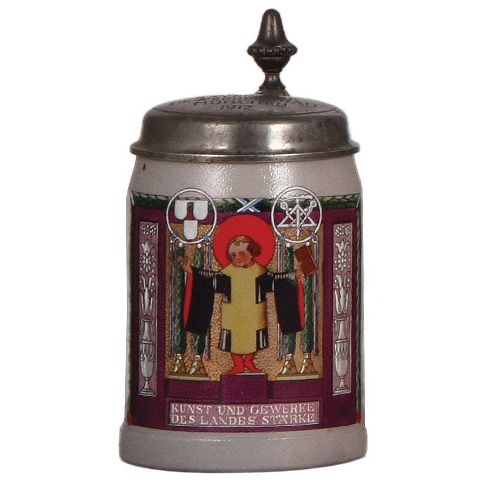 Stoneware stein, .5L, by Franz Ringer, Kunst und Gewerke : Stoneware stein, .5L, transfer & hand-painted, marked M.&W., Merkelbach & Wick, by Franz Ringer, Kunst und Gewerke Des Landes Stärke, pewter lid: Bayrische Gewerbeschau München, 1912, mint.