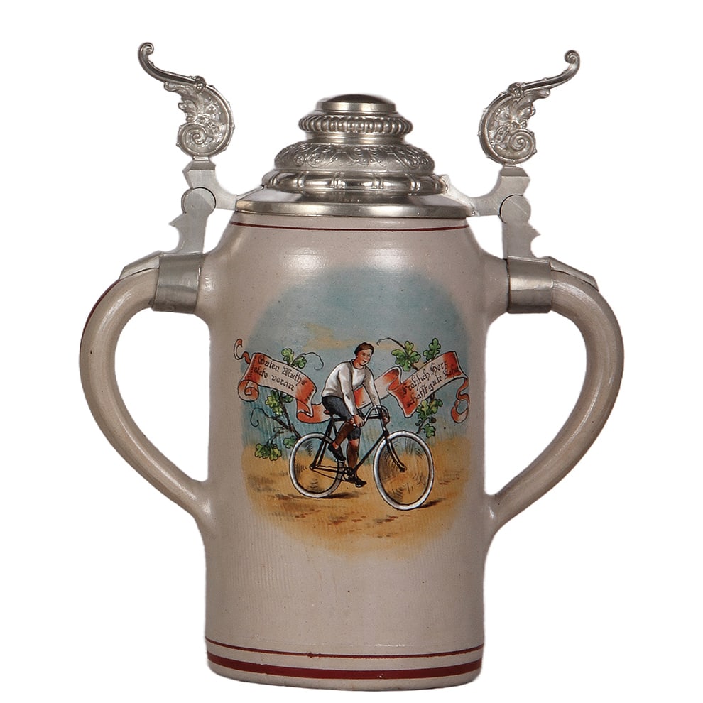 Stoneware stein, 2.0L, bicycle rider, double pewter lid  (1 of 5)