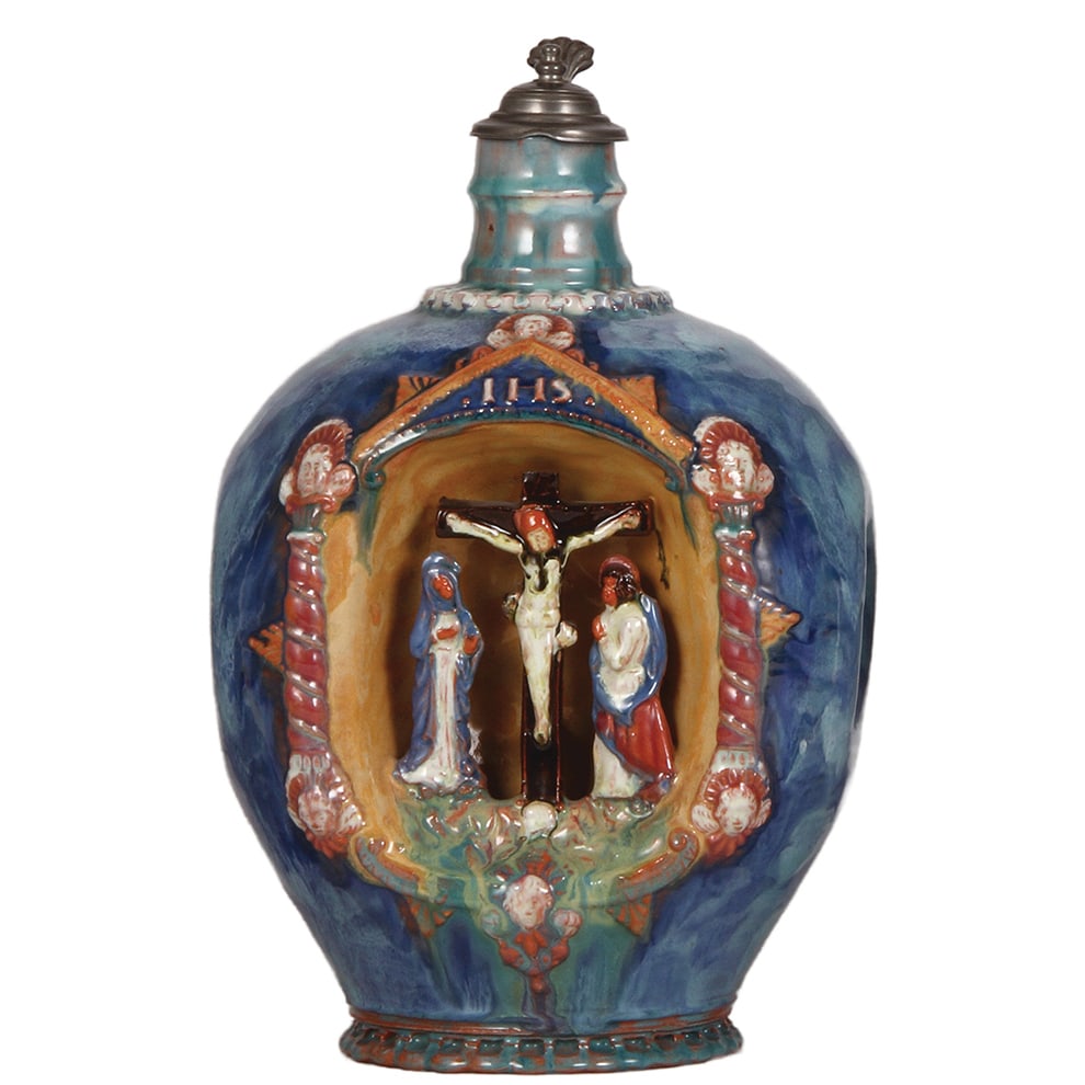 Terra cotta stein, 13.6" ht., Münchener Werkstätten Für Keramik Kunst : Terra cotta stein, 13.6" ht., very large body, hand-painted majolica, marked Münchener Werkstätten Für Keramik Kunst, Christ on cross, pewter lid, mint.