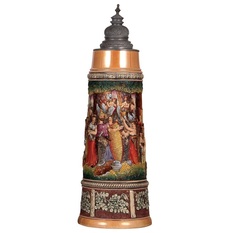 Pottery stein, 7.5L, by Diesinger, Early Germans : Pottery stein, 7.5L, 22.8'' ht., relief, marked D.R.G.M. 154927, by Diesinger, marked 62, Early Germans, pewter lid, lid dented & a repair of the finial, body very good condition.