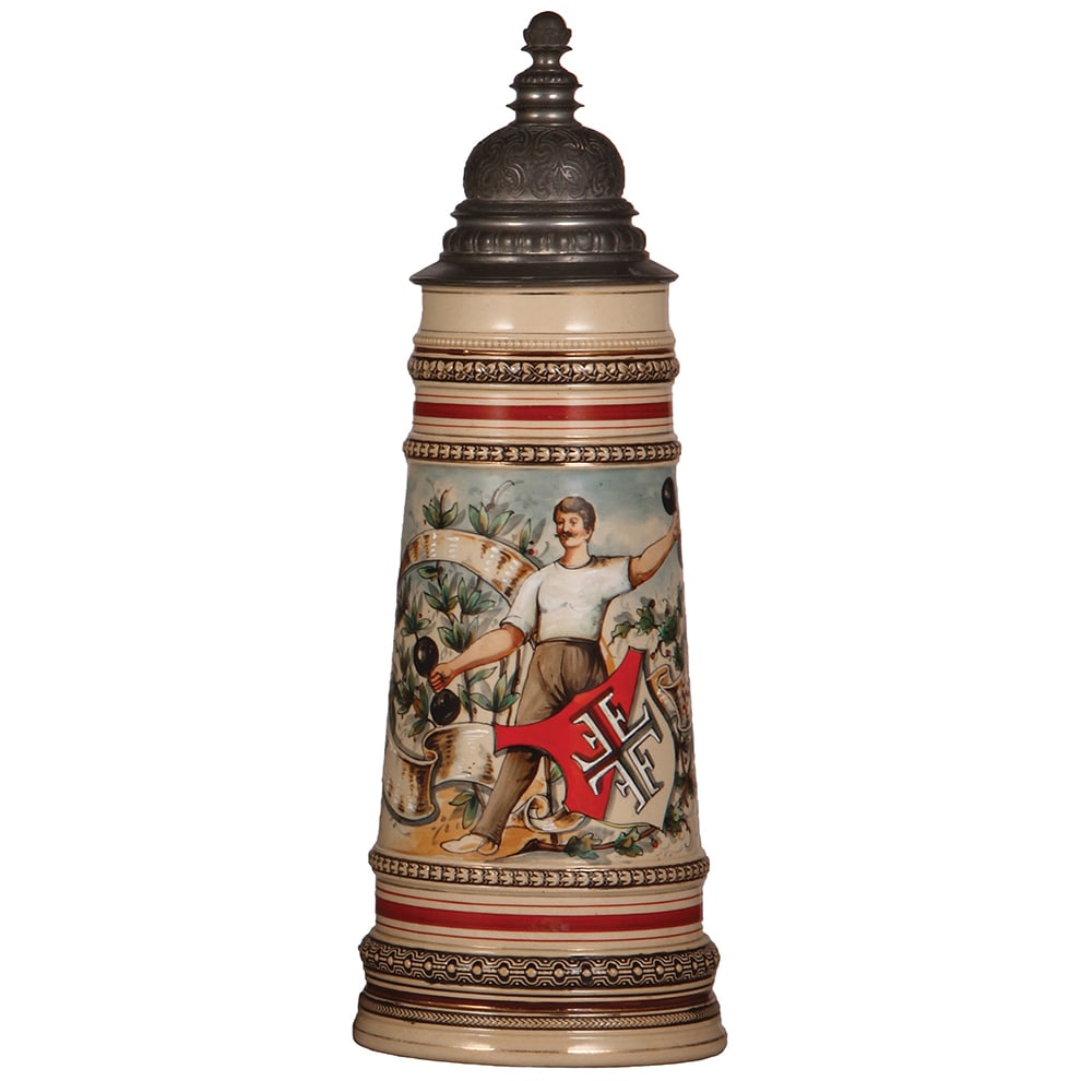 Pottery stein, 2.0L, 4F weight-lifter, Gut Heil! : Pottery stein, 2.0L, 15.4" ht., hand-painted, by Marzi & Remy, #599, 4F weight-lifter, Gut Heil!, pewter lid, rare size, mint.