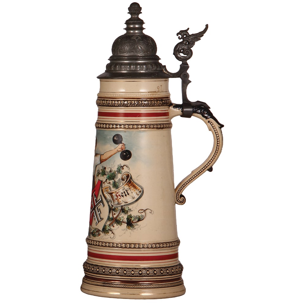Pottery stein, 2.0L, 4F weight-lifter, Gut Heil!  - 2