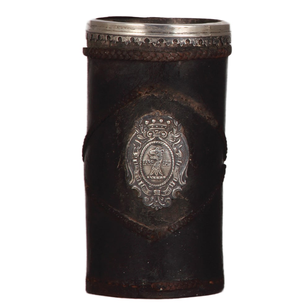 Blackjack tankard, 7.5" ht., British, leather and silver : Blackjack tankard, 7.5" ht., British, leather and silver, 1700s, indications of wear consistent with the age.